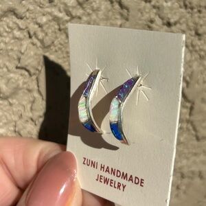 Zuni Handmade 925 Sterling Multicolored Opal Crescent Hoop Earrings